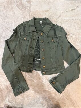 American Bazi Olive Green Distressed Denim Jacket
